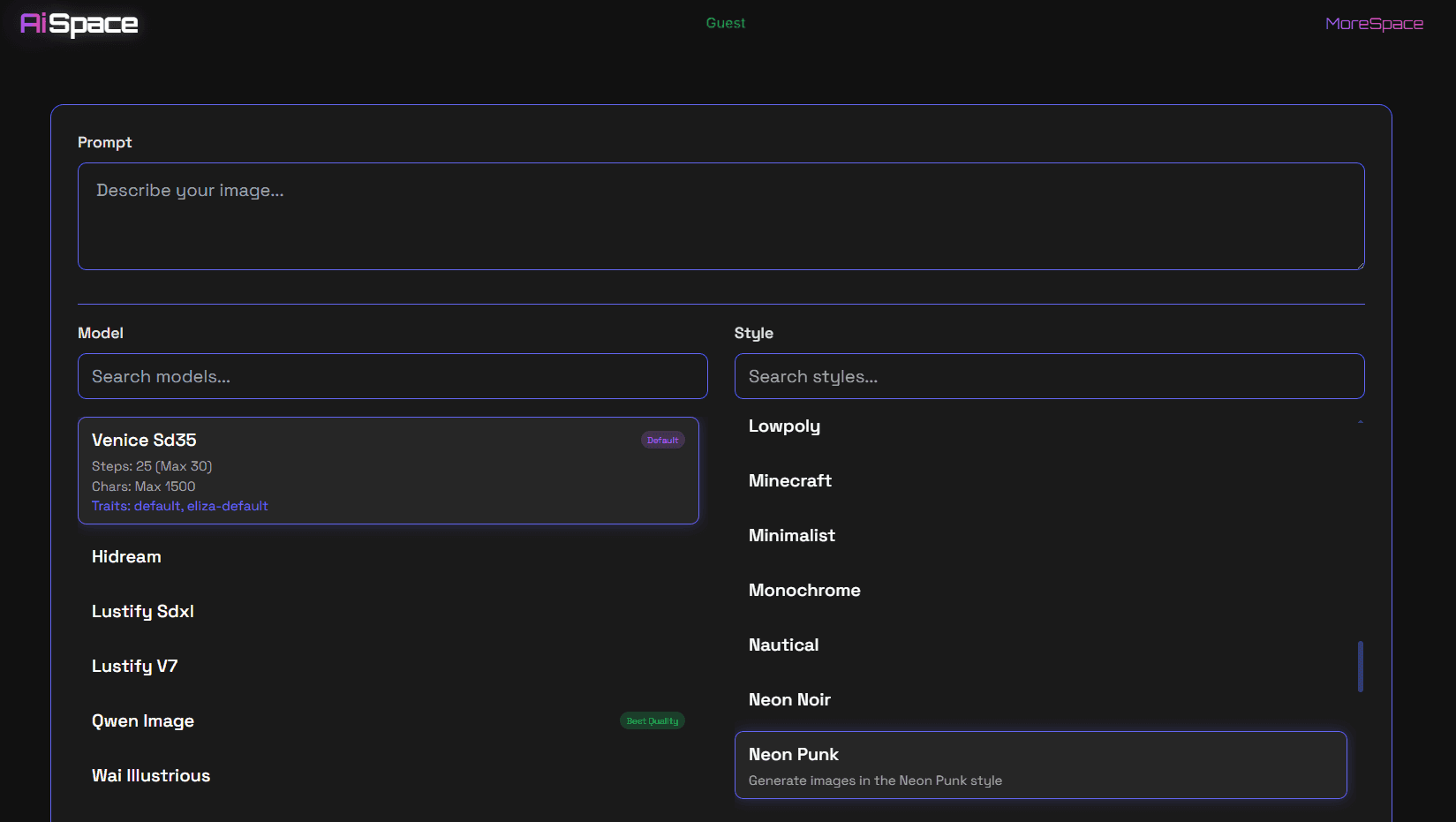 Image interface with prompt input